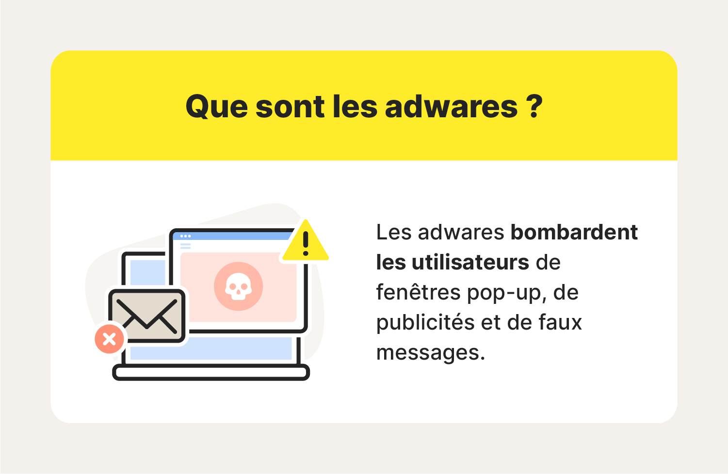 La définition de l'adware en une image : Les adwares inondent les utilisateurs de fenêtres contextuelles, de publicités et de faux messages.