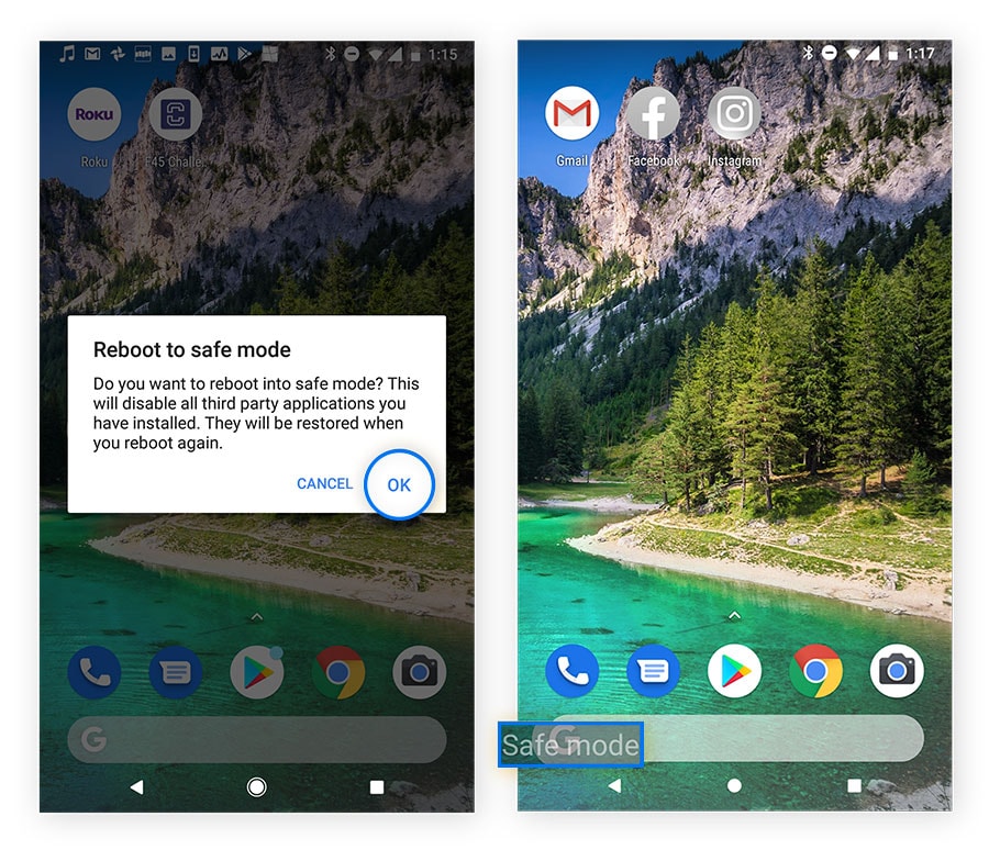 Redémarrer Android en mode sans échec pour supprimer l'adware.