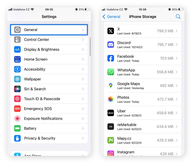 Pour supprimer les adwares publicitaires sur l'iPhone, recherchez les applications suspectes dans le stockage de l'iPhone, sous Réglages généraux.