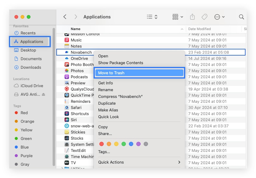 Dans Apps, cliquez-droit sur l'application soupçonnée d'être un adware, puis choisissez Déplacer vers la corbeille.