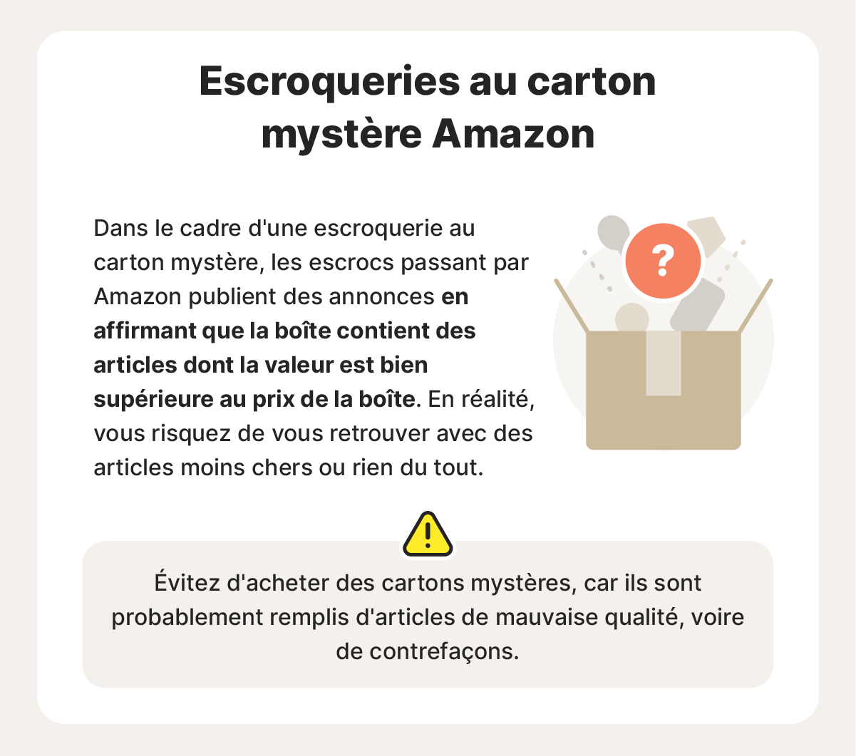 Brève description d'une escroquerie au carton mystère Amazon avec une icône de colis.