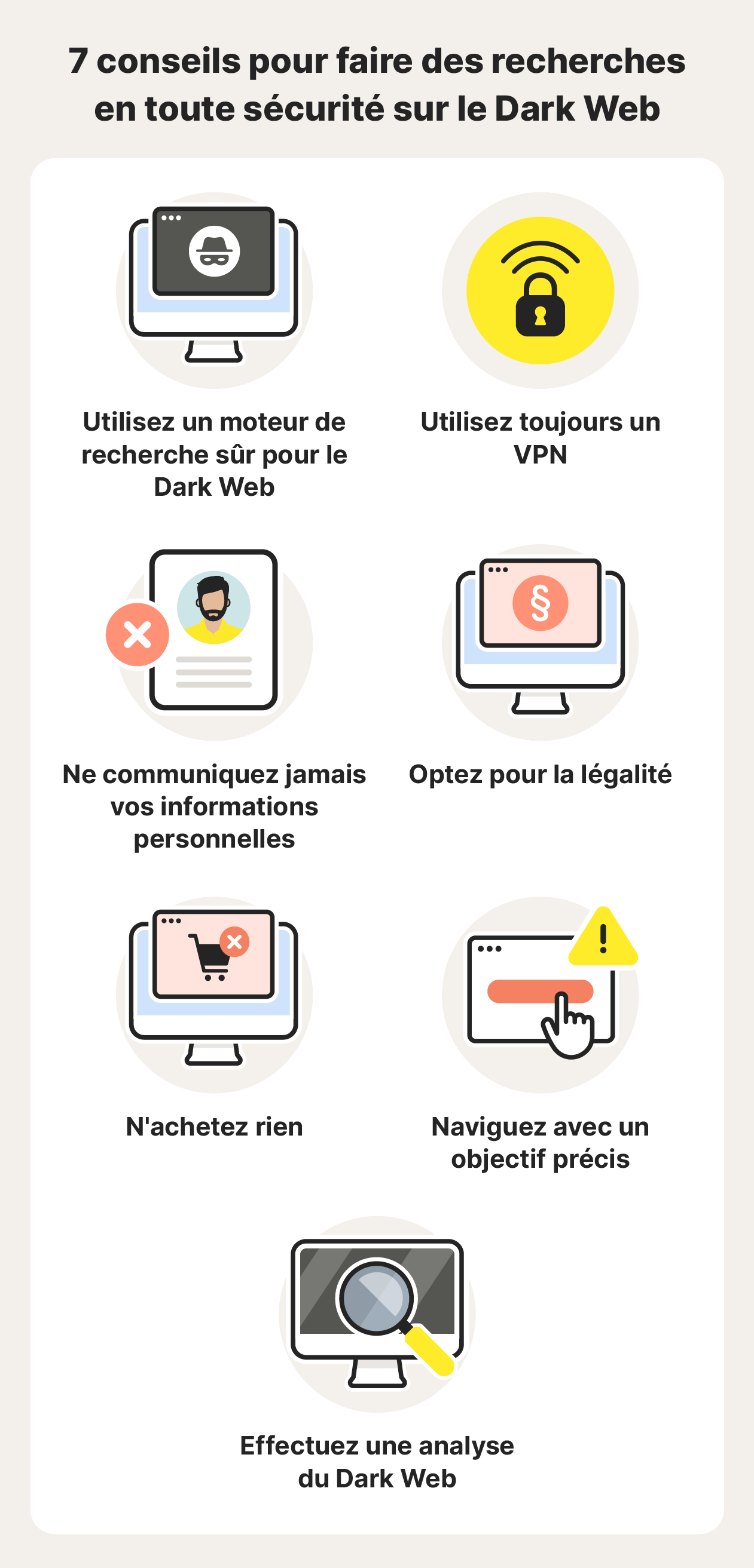 Infographie présentant 7 conseils de sécurité pour naviguer en toute sécurité sur le Dark Web.