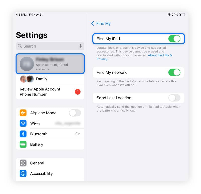 Capture d'écran d'un iPad montrant où vous pouvez activer Localiser mon iPad.