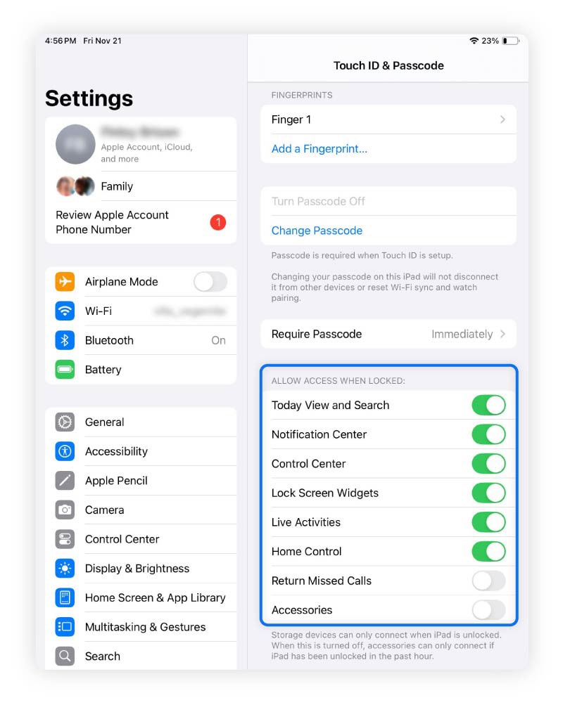 Capture d'écran d'un iPad montrant où vous pouvez sécuriser votre écran de verrouillage à l'aide de la fonction Touch ID et code d'accès.