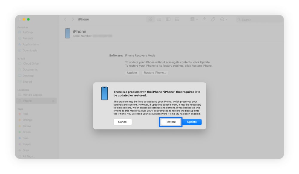 Une capture d'écran montrant comment restaurer votre iPhone à une version enregistrée précédemment.