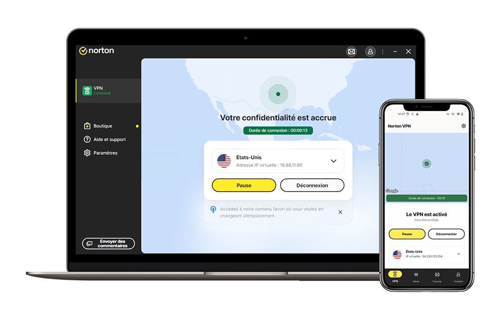 Une capture d'écran montrant comment vous pouvez masquer votre adresse IP avec le VPN de Norton.