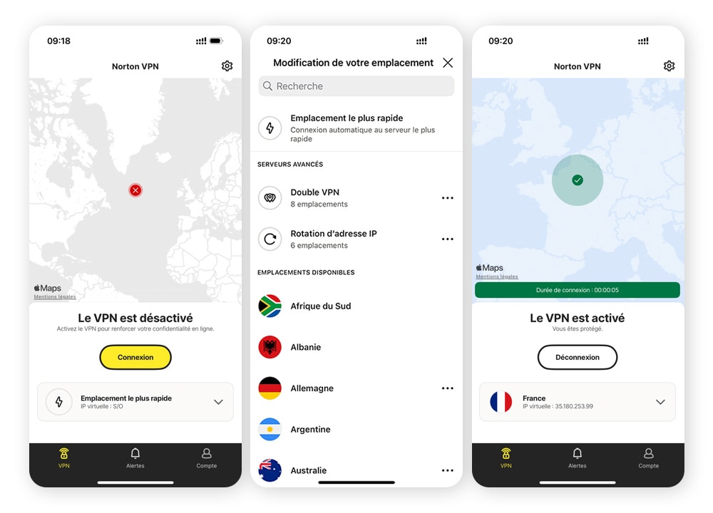 Trois captures d'écran montrant comment changer la localisation de votre VPN sur l'application mobile Norton VPN.