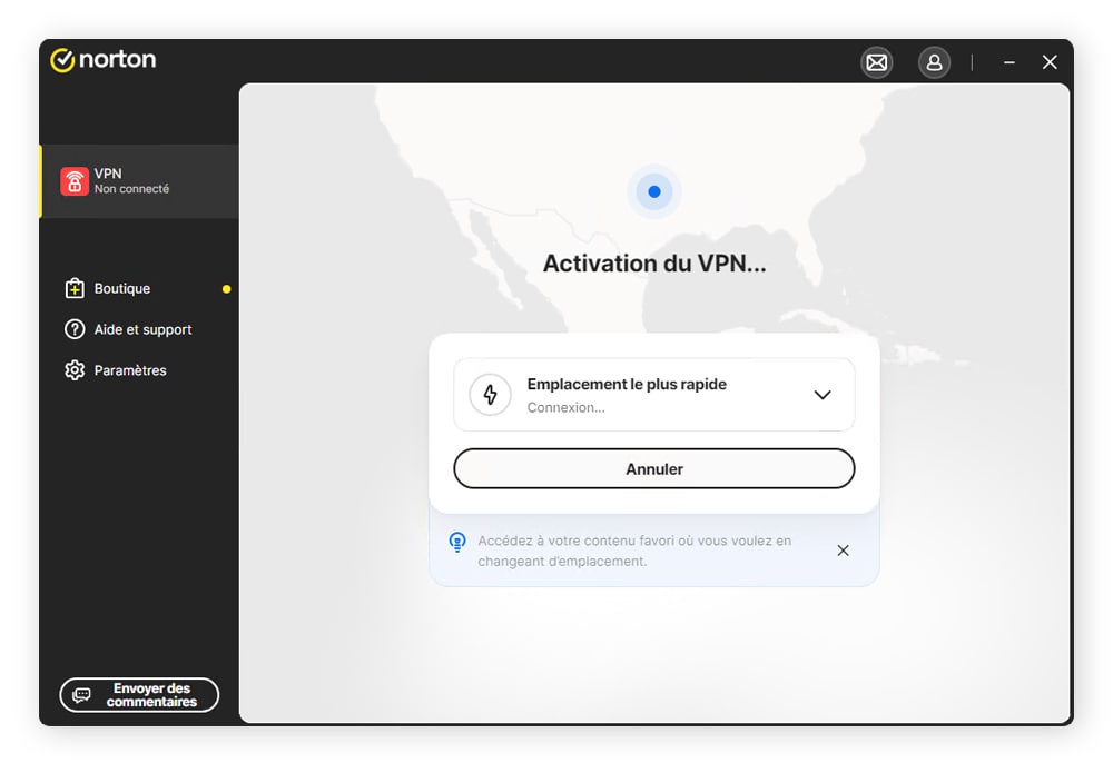 Une capture d'écran montrant la page d'accueil de l'application de bureau Norton VPN.