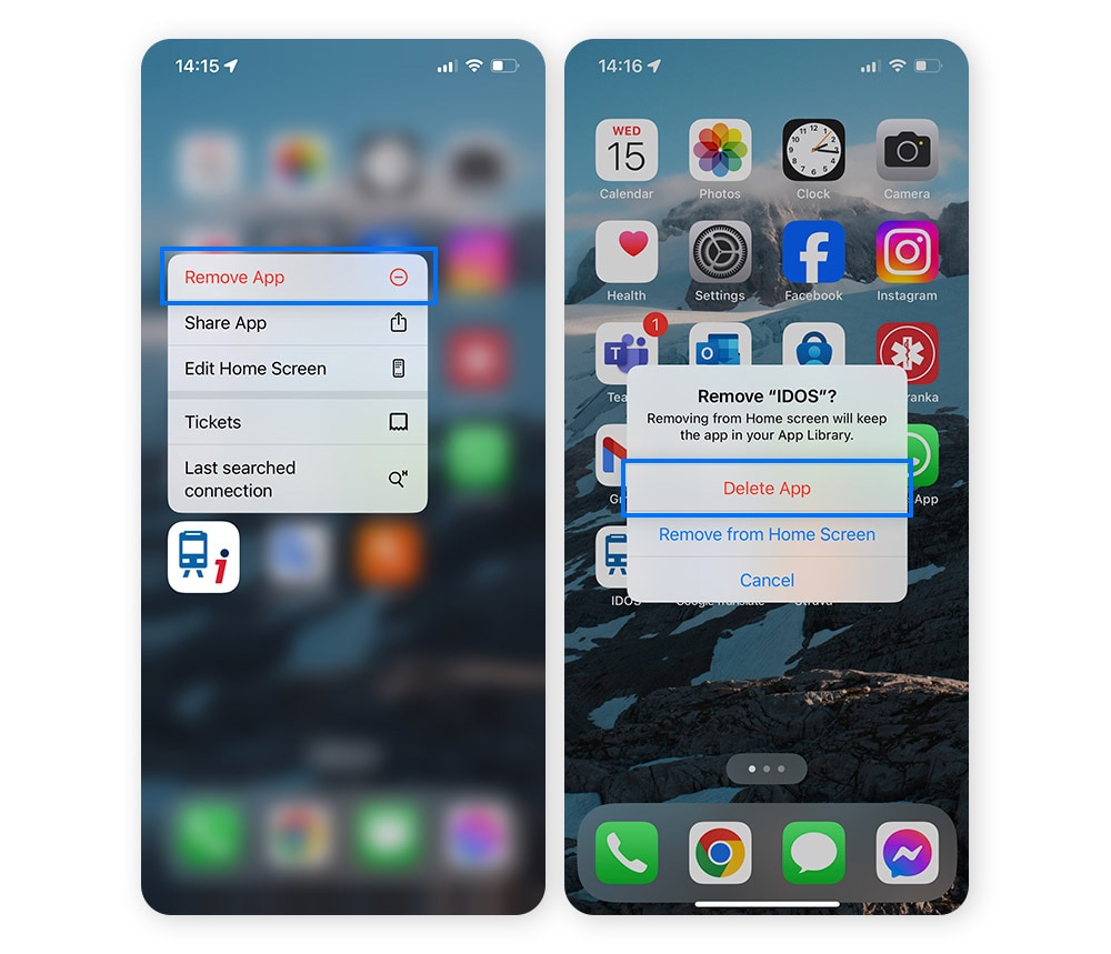 Capture d'écran d'iOS montrant le processus de suppression d'une application. 