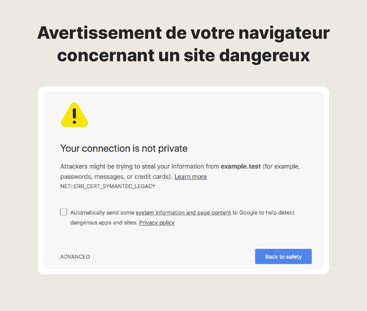 Image d'un avertissement de navigateur indiquant que la connexion d'un utilisateur n'est pas privée.