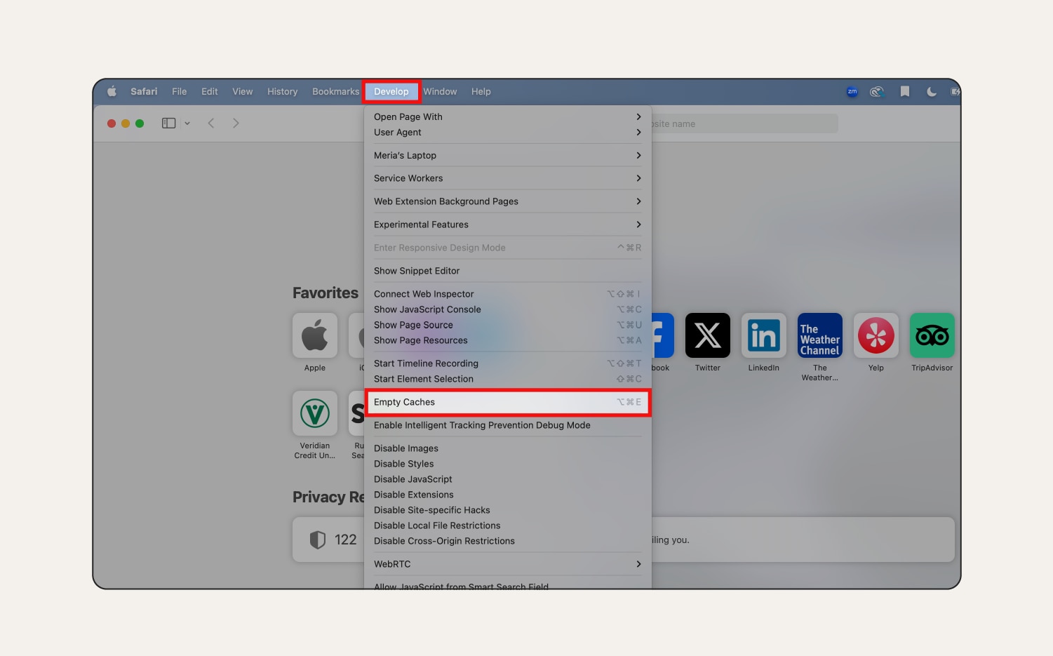 Une capture d'écran du menu Développement de Safari.