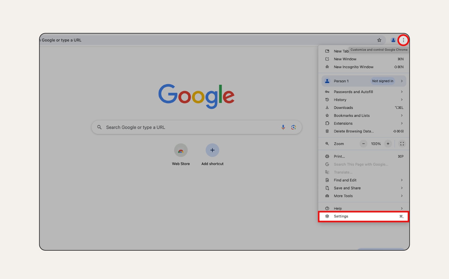 Une capture d'écran montrant comment ouvrir le menu des options de Chrome.