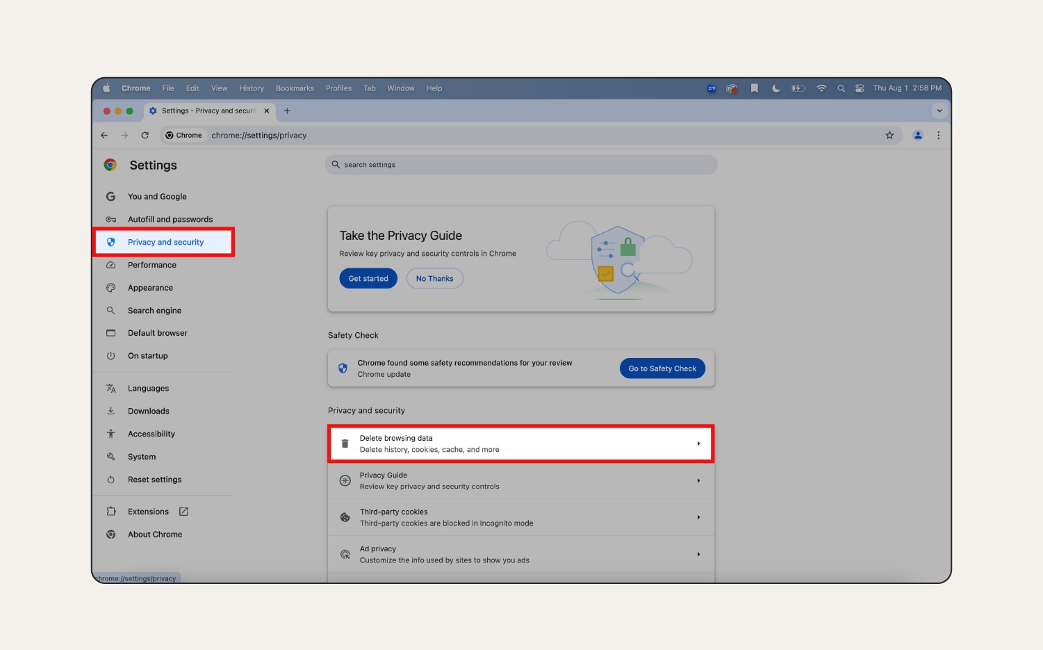 Une capture d'écran des paramètres « Confidentialité et sécurité » dans Chrome.