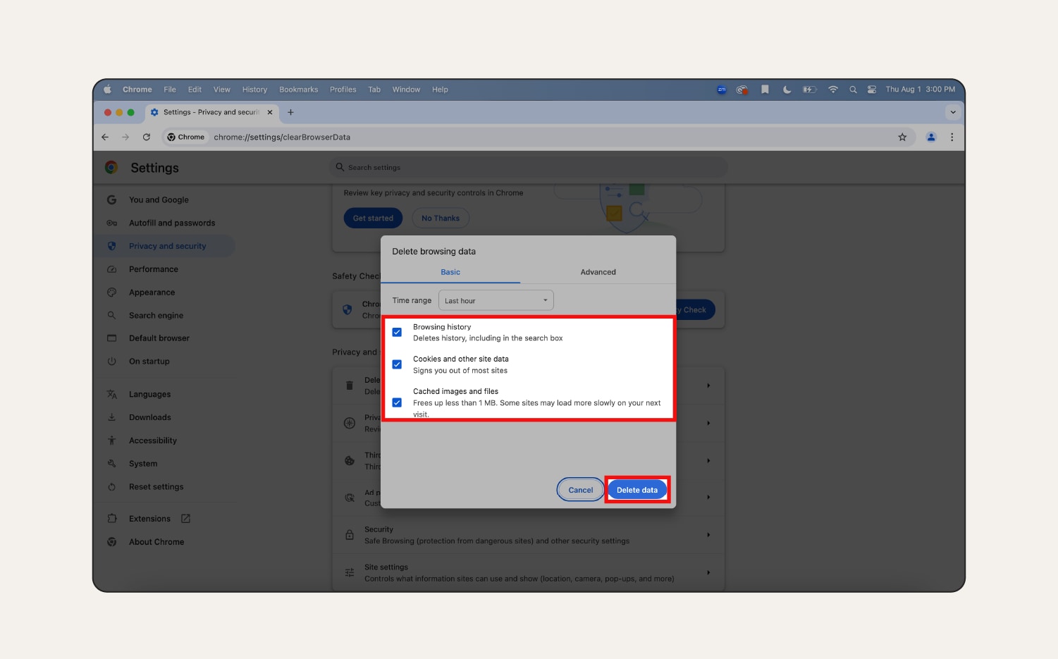 Une capture d'écran montrant comment supprimer les données de navigation, les cookies et les fichiers en cache dans Chrome sur Mac.