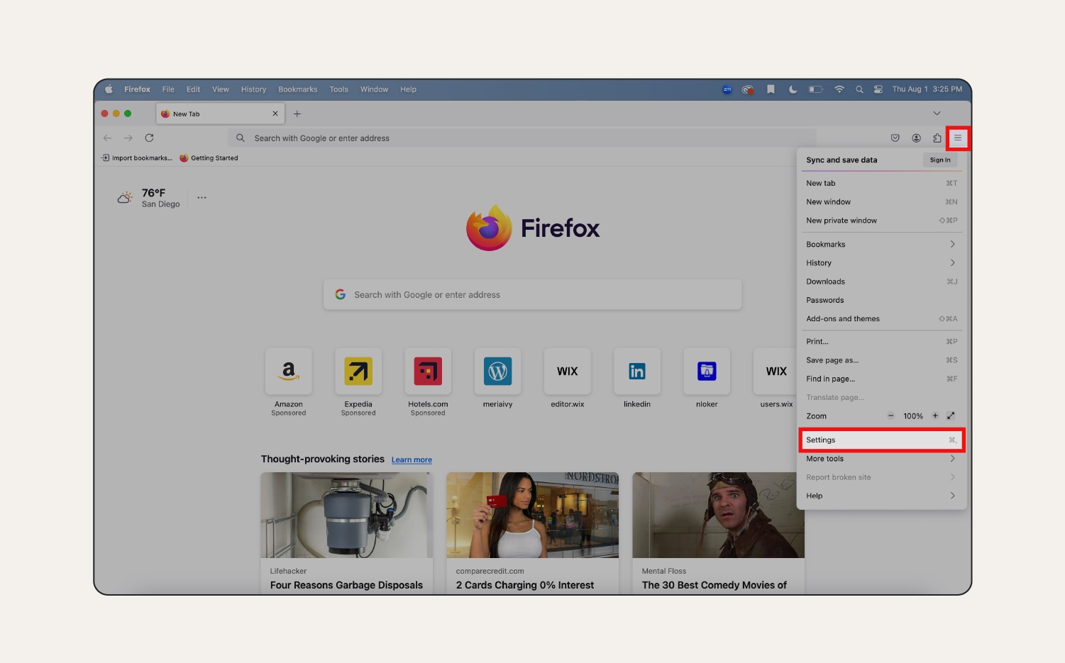 Une capture d'écran du menu Application de Firefox.