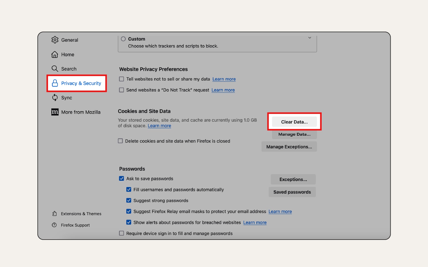 Une capture d'écran des paramètres « Vie privée et sécurité » de Firefox.