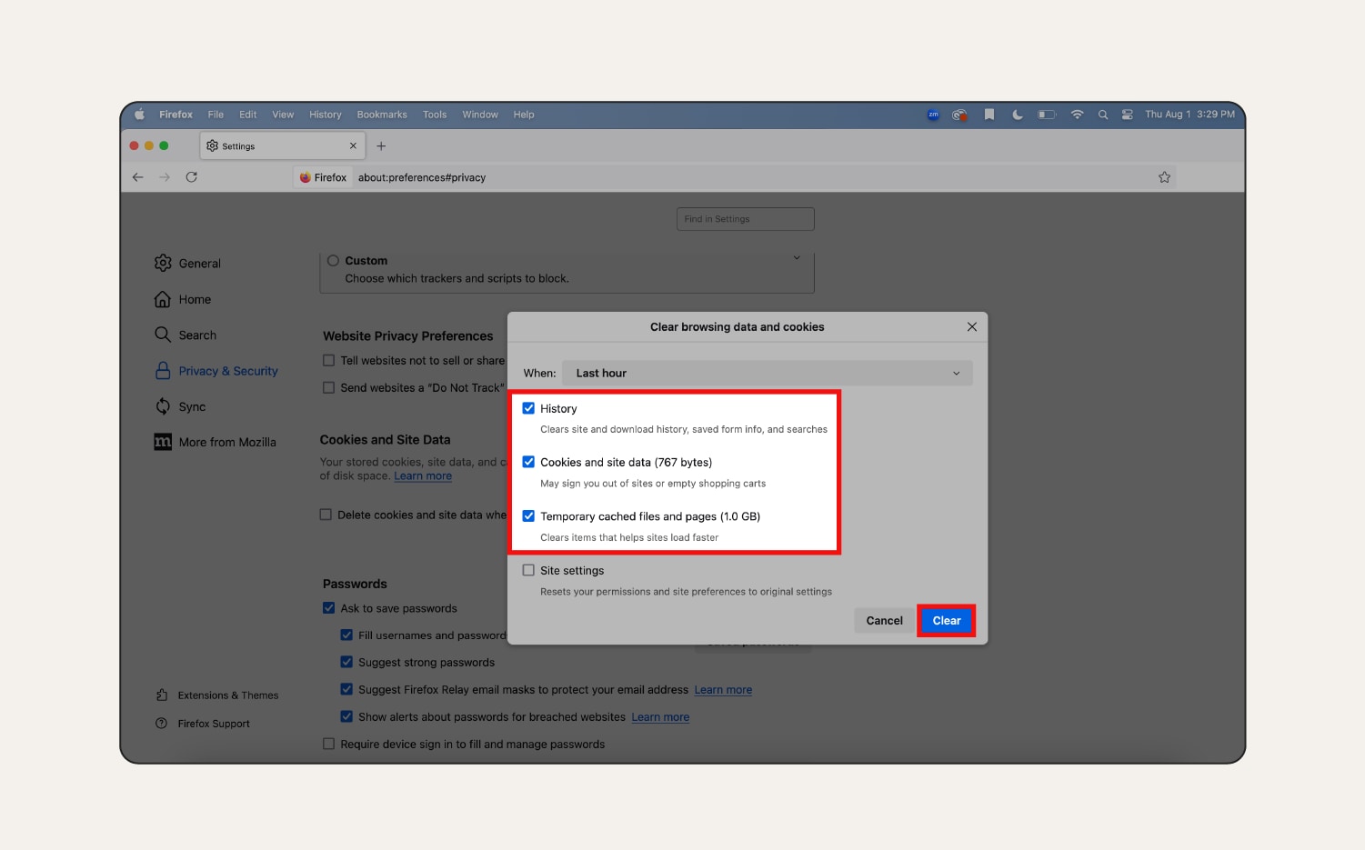 Une capture d'écran montrant comment effacer le cache et les cookies dans Firefox.