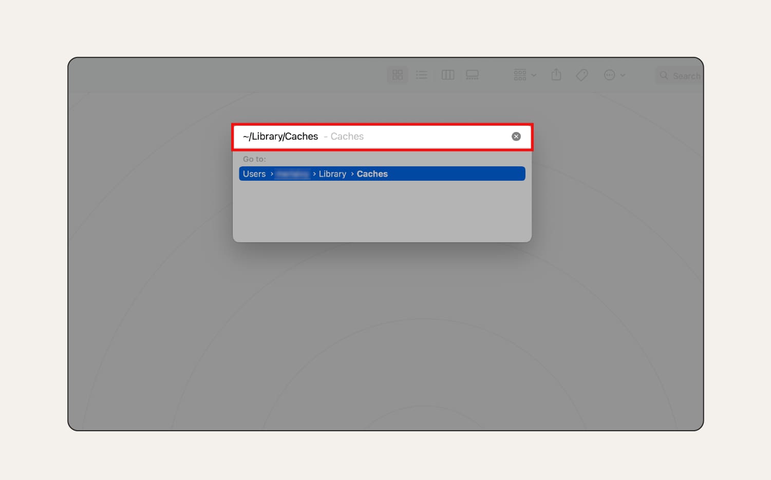 Une capture d'écran du résultat ~/Library/Caches dans le menu « Aller au dossier ».