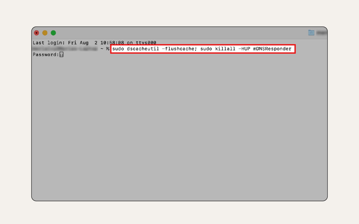 Une capture d'écran du code à saisir dans le Terminal pour vider le cache DNS sur Mac.