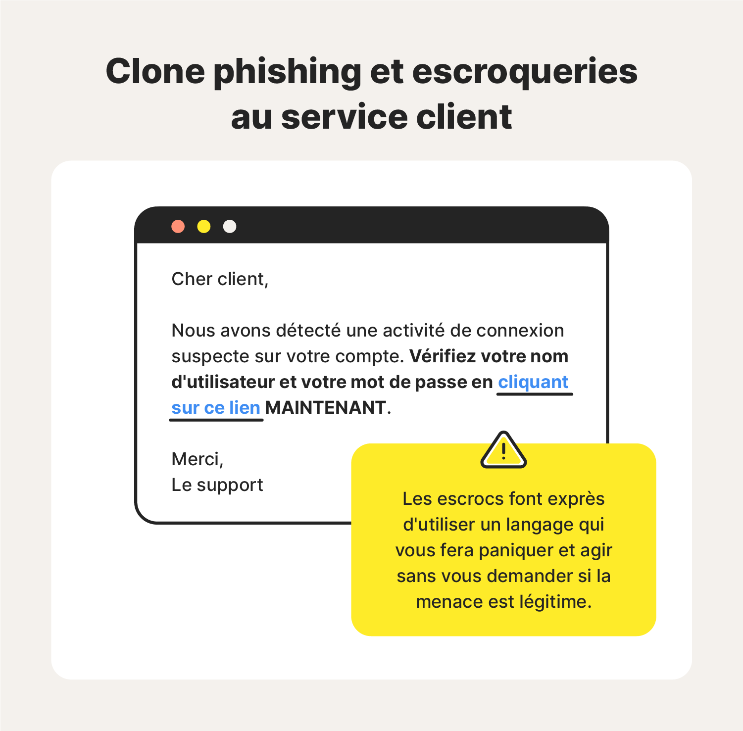 Exemple illustré d’une escroquerie par clone phishing d’un service client.