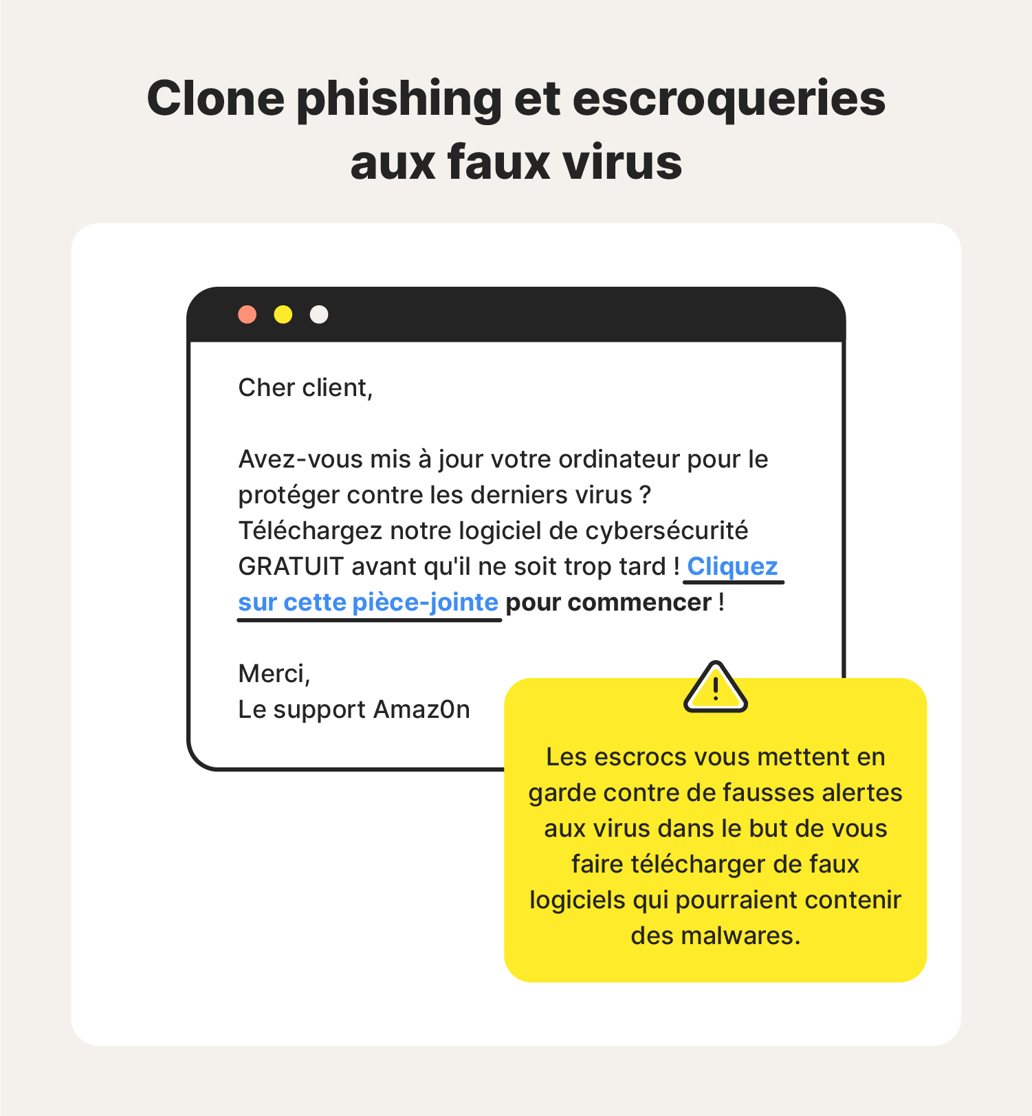 Exemple illustré d’une escroquerie par clone phishing prétextant un faux virus.