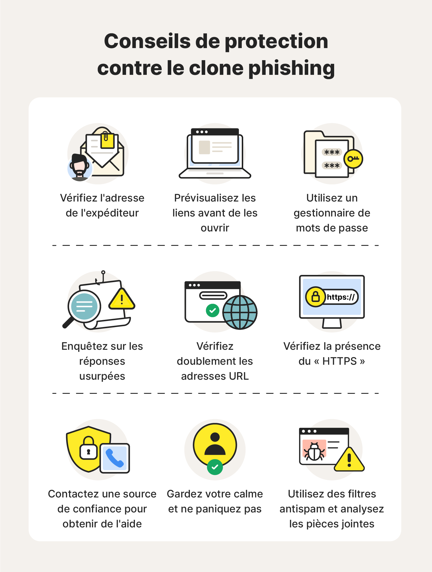 Graphique illustré présentant quelques moyens de vous protéger contre les escroqueries par clone phishing.