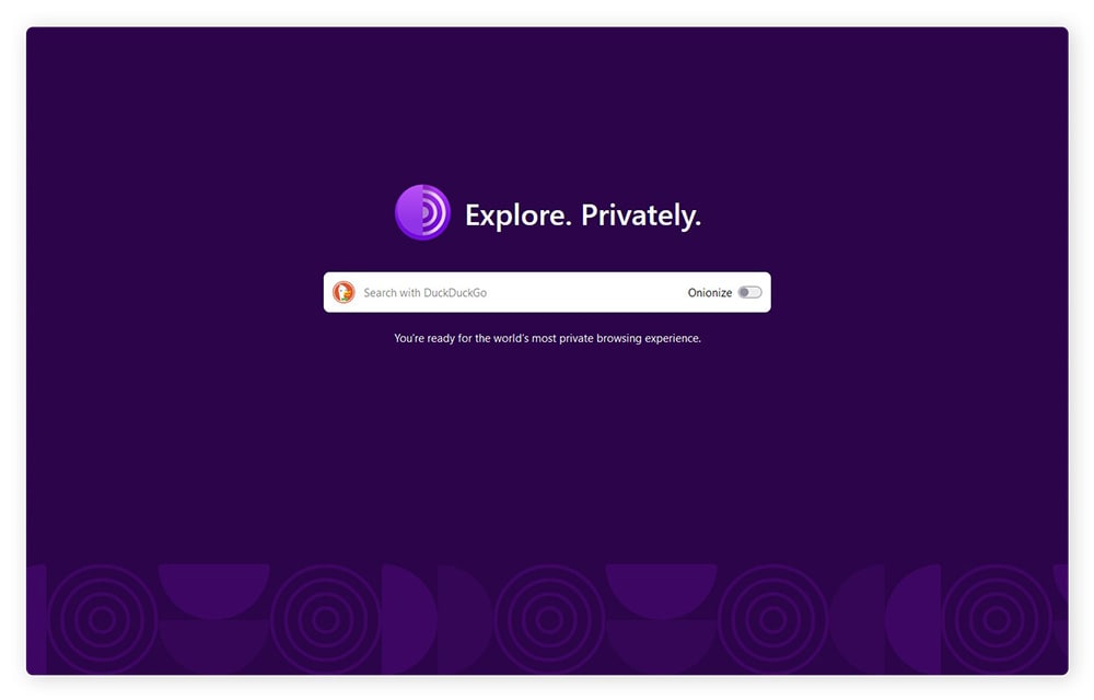 La page d'accueil de Tor, avec le moteur de recherche DuckDuckGo.