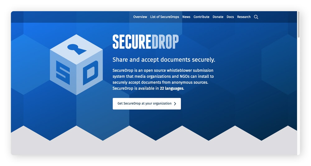 SecureDrop, un site web open-source de partage de fichiers souvent utilisé par les lanceurs d'alerte et les journalistes.
