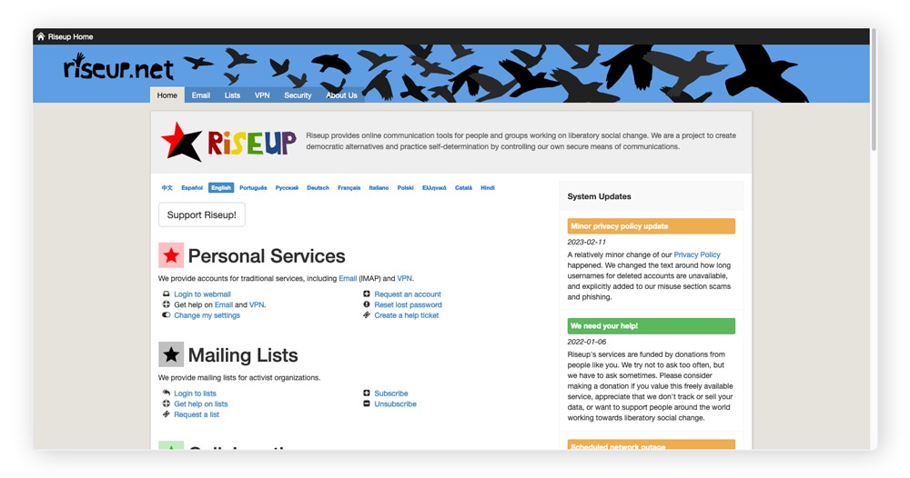 Riseup est une organisation bénévole offrant des services de messagerie et de discussion sécurisés accessibles sur le Dark Web et le web de surface.