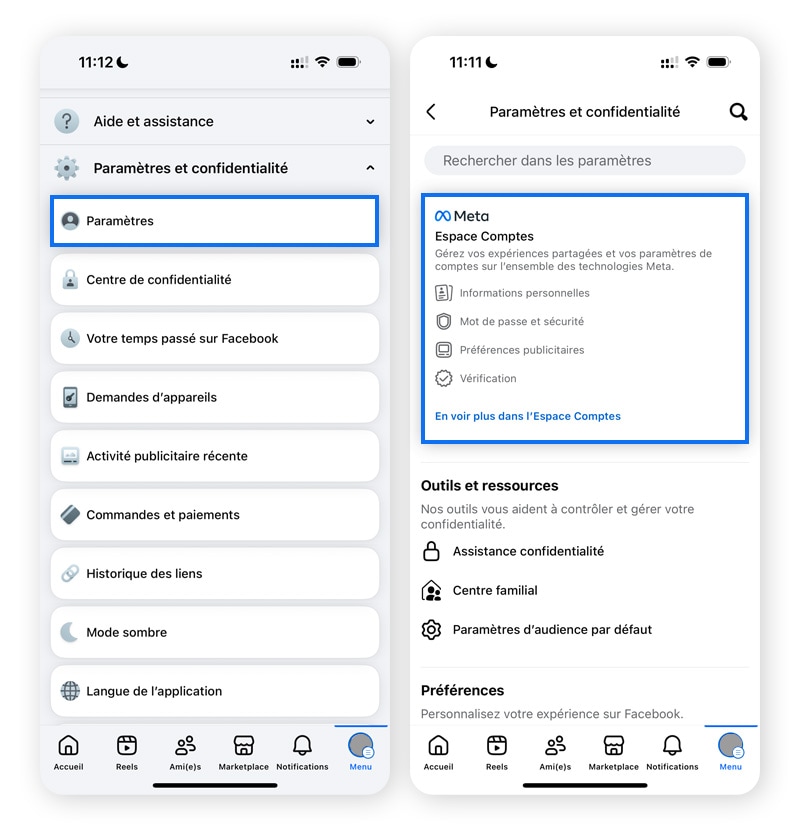 Captures d'écran du menu Facebook mettant en évidence les paramètres et le centre de comptes.
