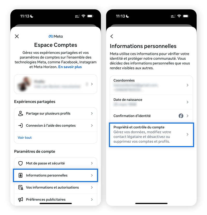 Deux captures d'écran de Facebook mettant en évidence les données personnelles et la propriété et le contrôle du compte.