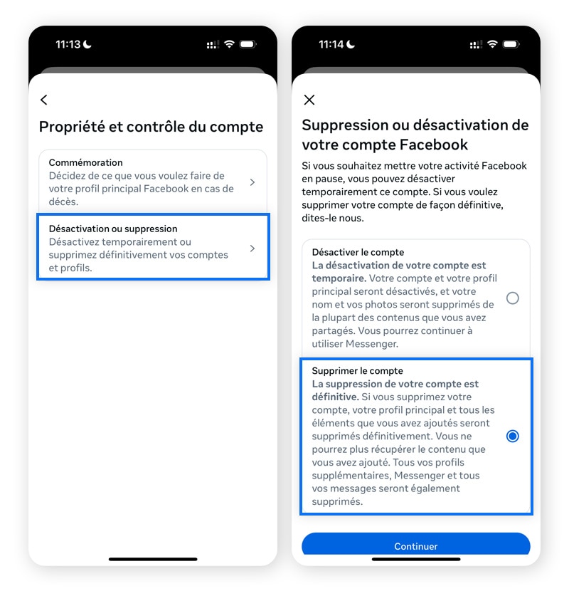 Deux captures d'écran de Facebook mettant en évidence l'option Supprimer le compte.