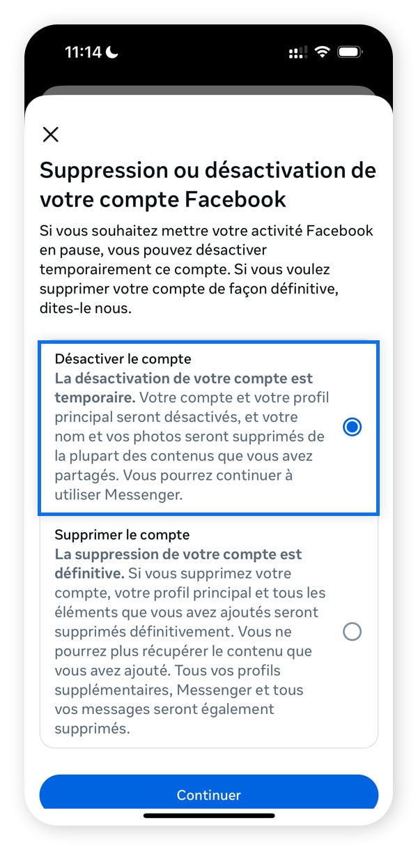 Capture d'écran mettant en évidence l'option Désactiver le compte sur Facebook.