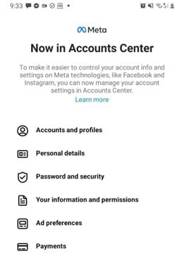 Capture d'écran de l'Espace Comptes et des Informations personnelles lors de la suppression de votre compte Instagram sous Android