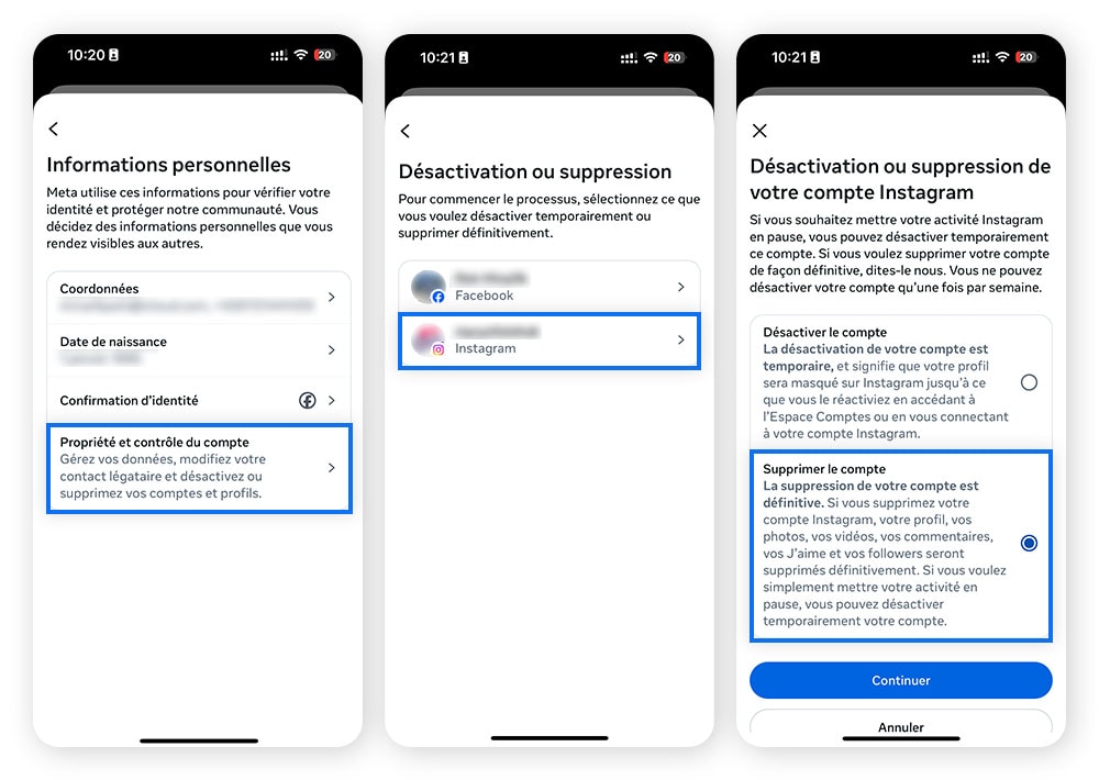 Différents écrans vous montrant comment supprimer un compte Instagram sur l'application mobile Android.