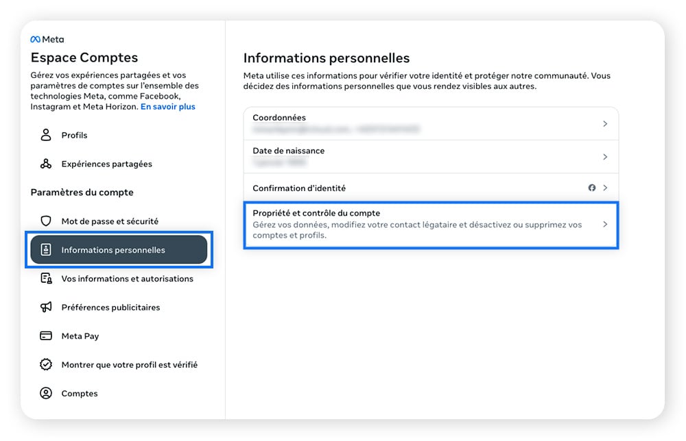 Une capture d'écran du centre de comptes où vous pouvez accéder à la propriété et au contrôle du compte pour supprimer définitivement votre compte Instagram.