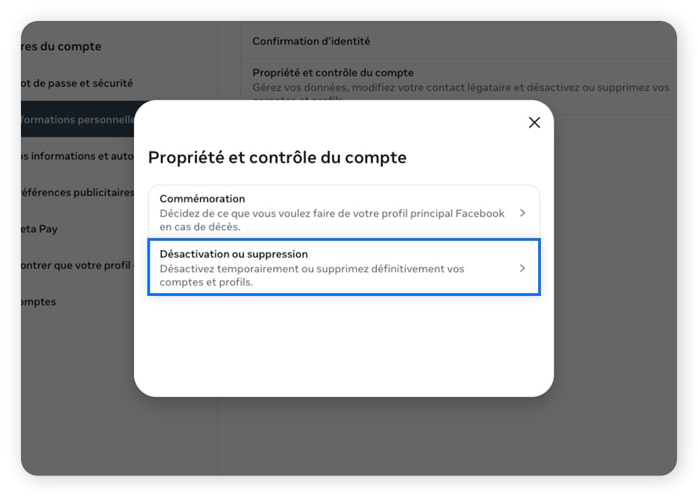 Capture d'écran d'une page Instagram sur laquelle vous pouvez choisir Désactivation ou suppression si vous n'avez plus besoin de votre compte ou si vous souhaitez le désactiver temporairement.