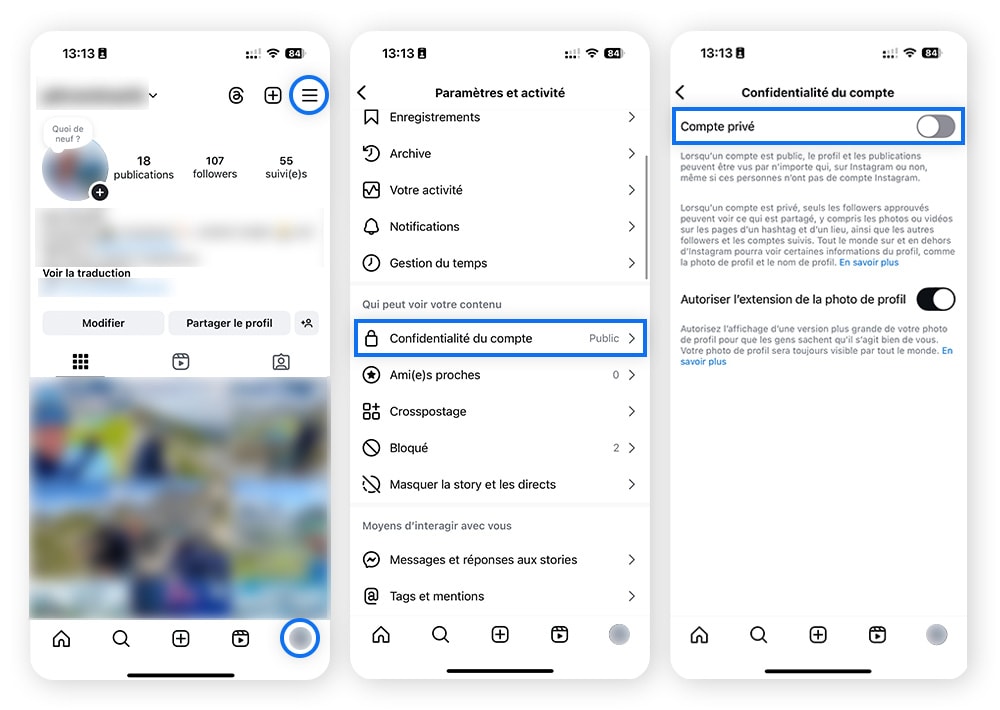 Trois captures d'écran différentes montrant aux lecteurs comment rendre leur compte Instagram privé.