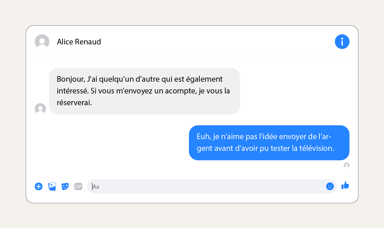 Capture d'écran montrant un message d'escroquerie aux avances de fonds sur Facebook Marketplace.