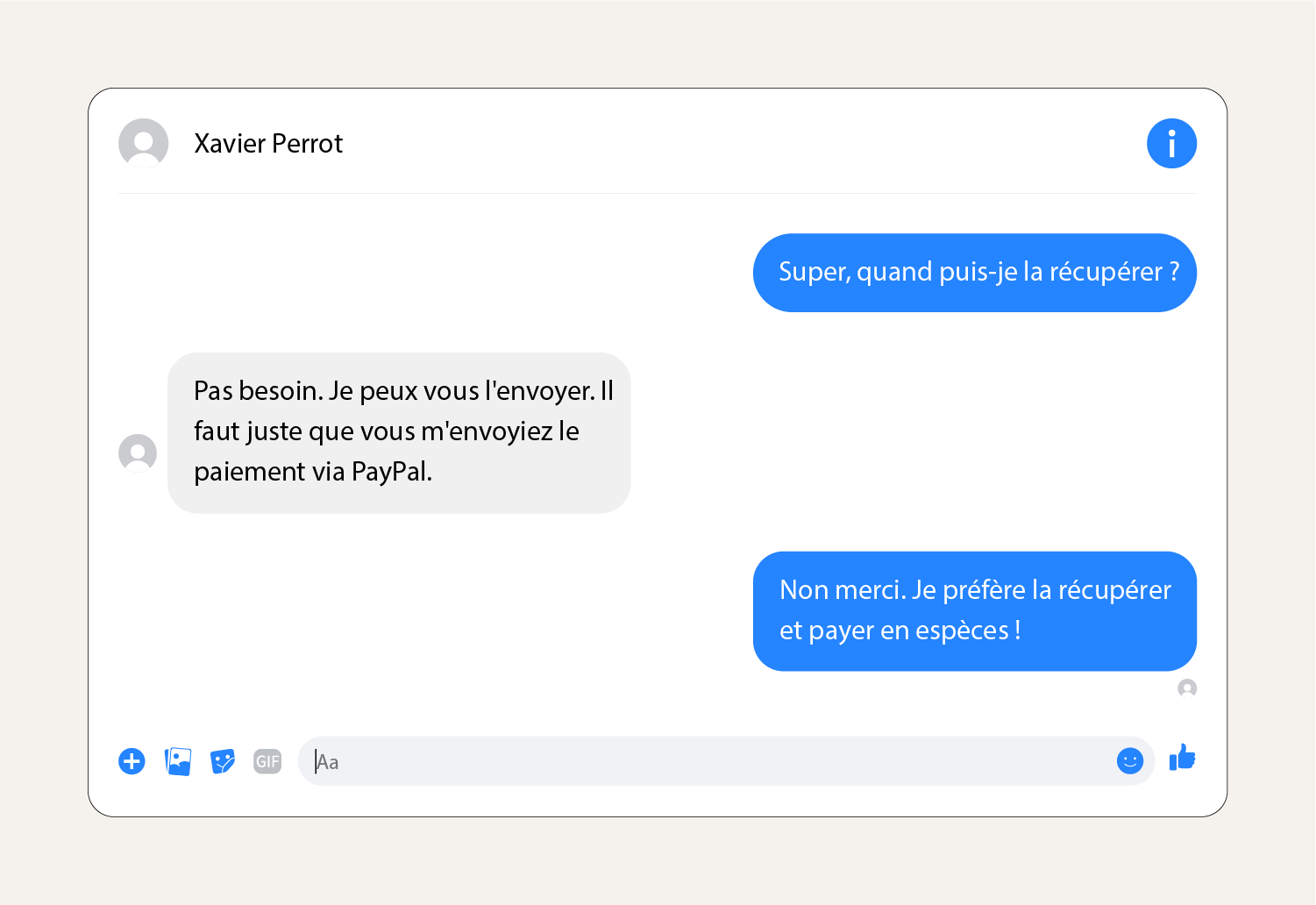 Capture d'écran montrant un message d'escroquerie au paiement via une application tierce sur Facebook Marketplace.