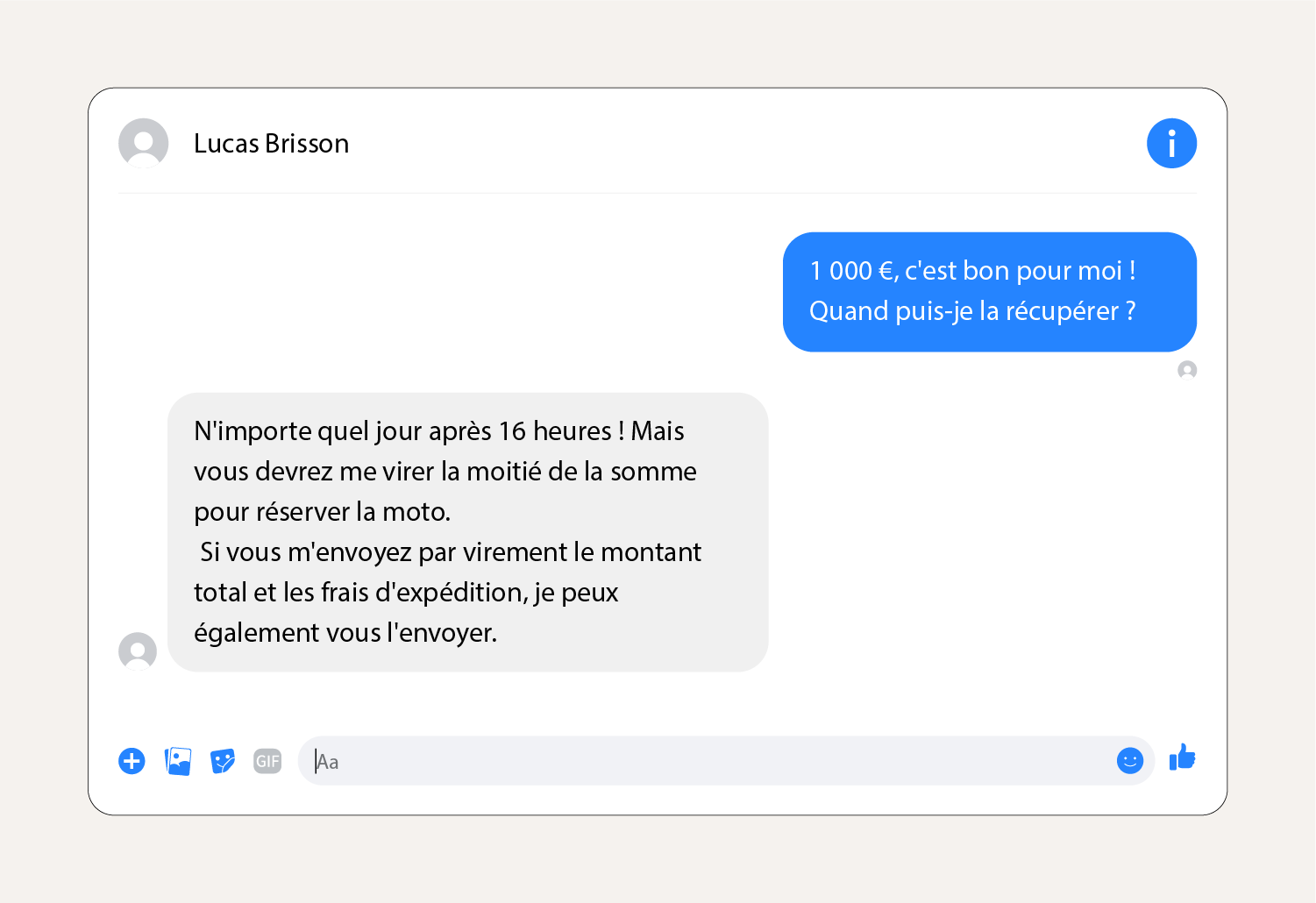 Capture d'écran d'un message d'escroquerie au virement bancaire sur Facebook Marketplace.
