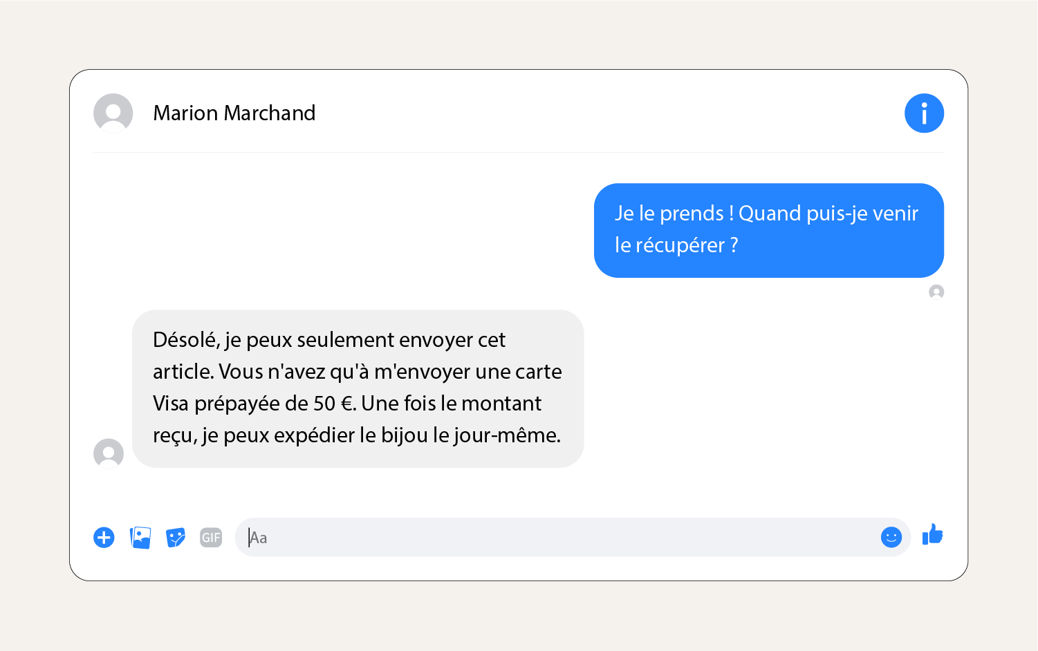 Capture d'écran montrant un message d'escroquerie à la carte cadeau sur Facebook Marketplace.