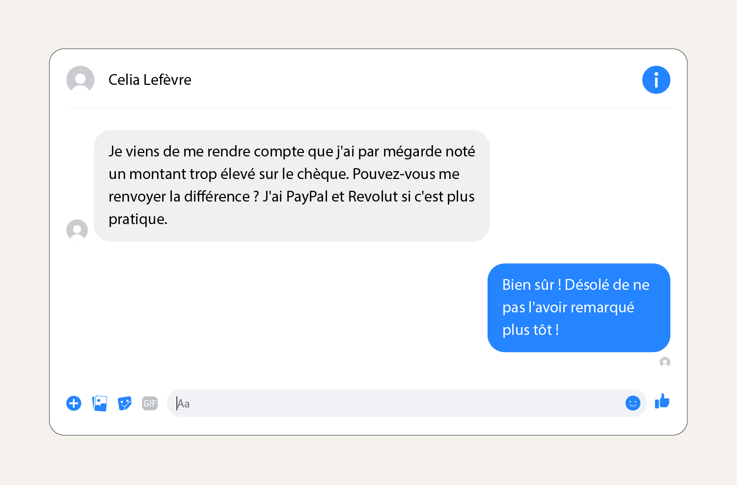 Capture d'écran montrant un message d'escroquerie au trop-payé sur Facebook Marketplace.