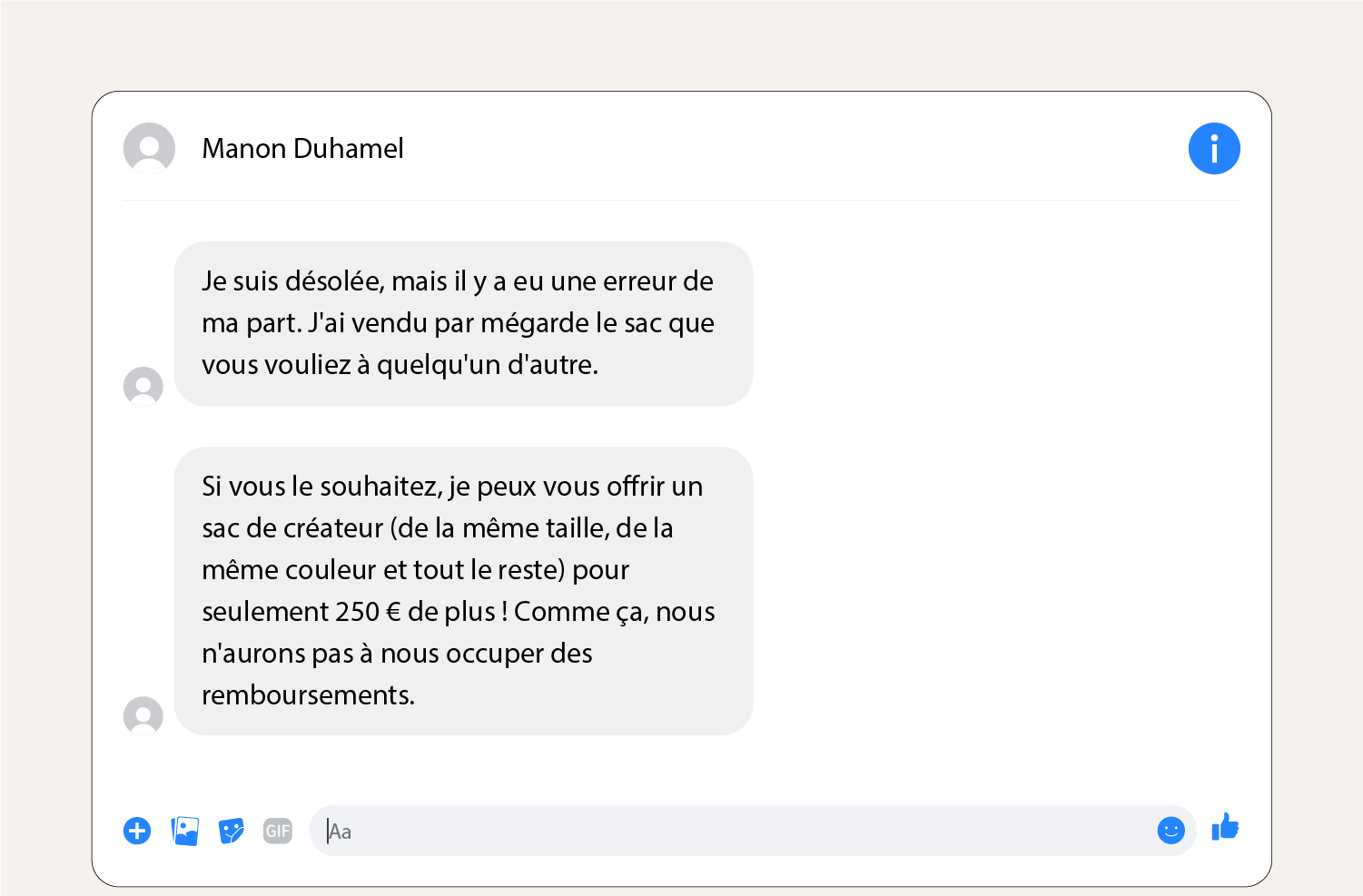Capture d'écran montrant un message d'escroquerie au prix d'appel sur Facebook Marketplace.