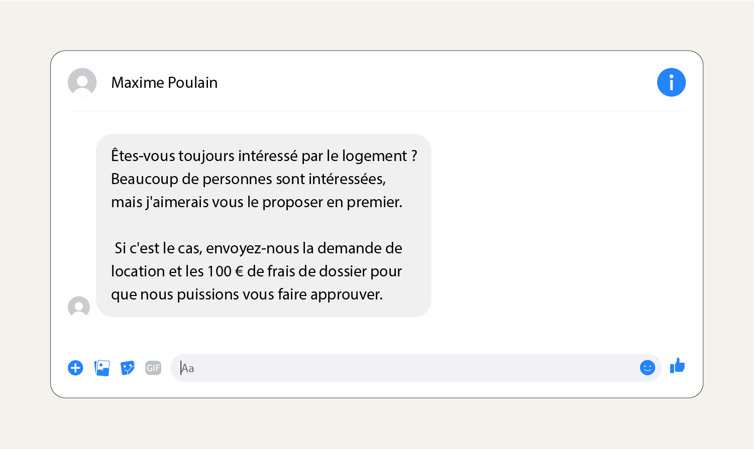Capture d'écran montrant un message d'escroquerie à la fausse location sur Facebook Marketplace.