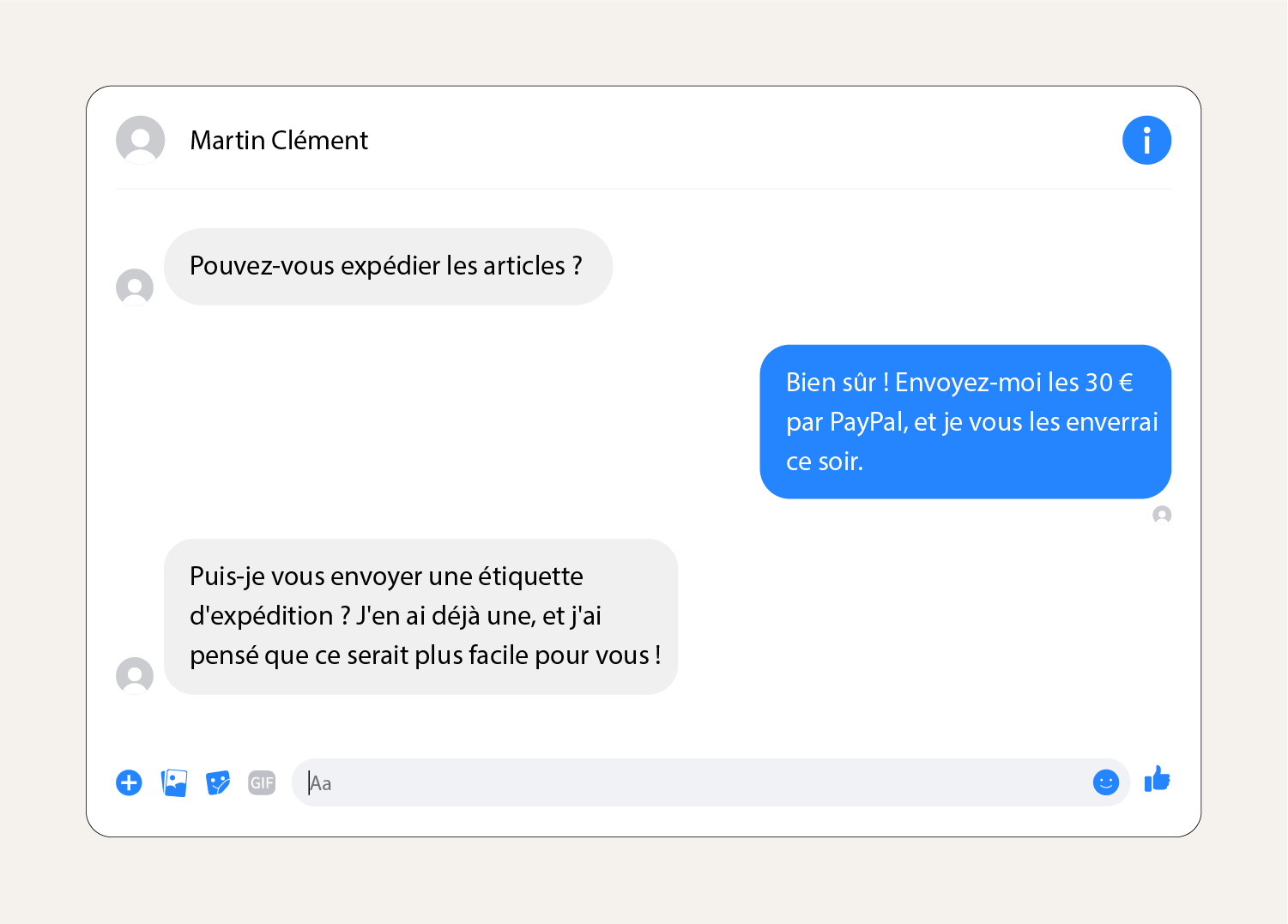 Capture d'écran montrant un message d'escroquerie à l'expédition sur Facebook Marketplace.