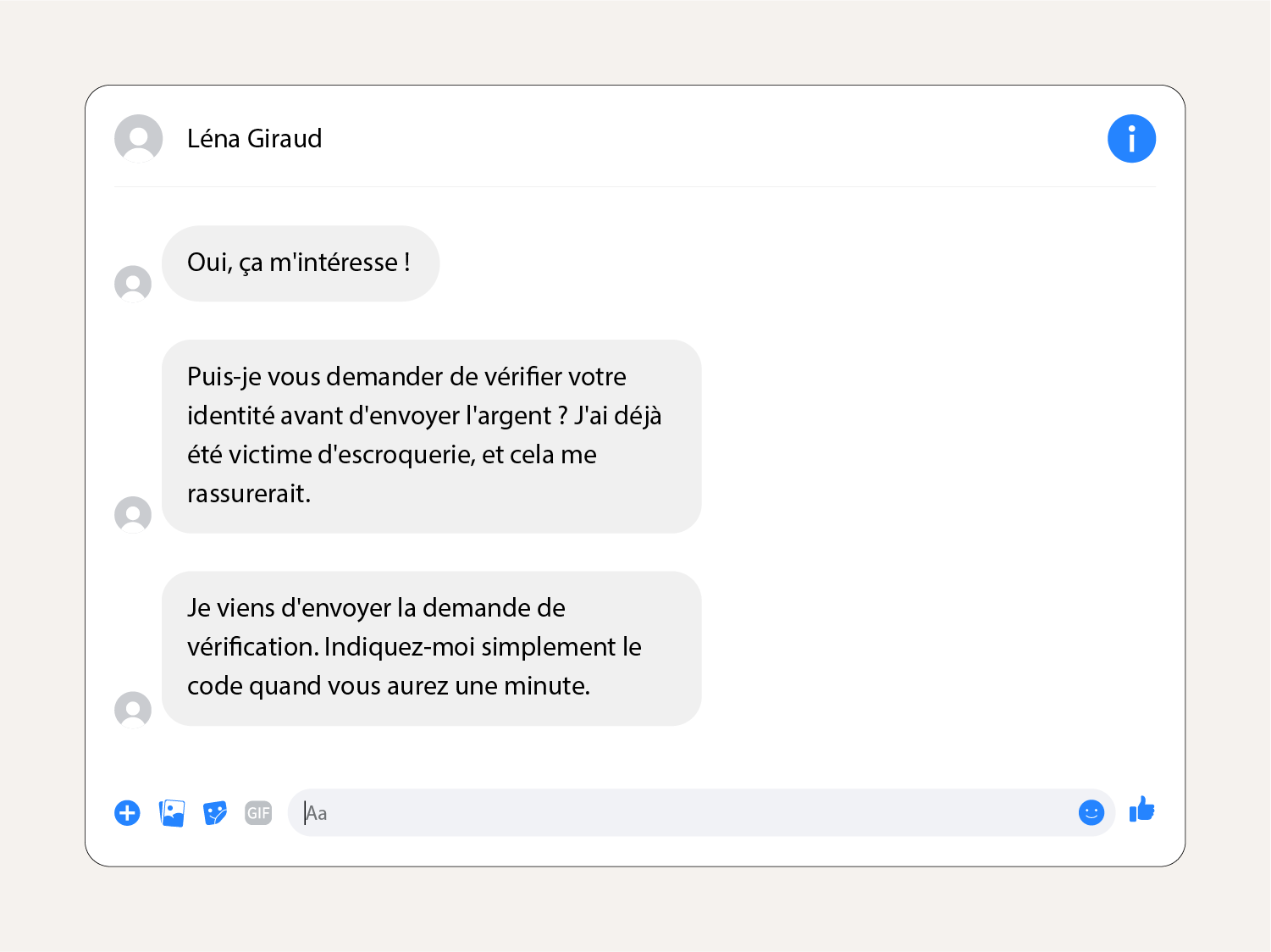 Capture d'écran montrant un message d'escroquerie à la vérification sur Facebook Marketplace.