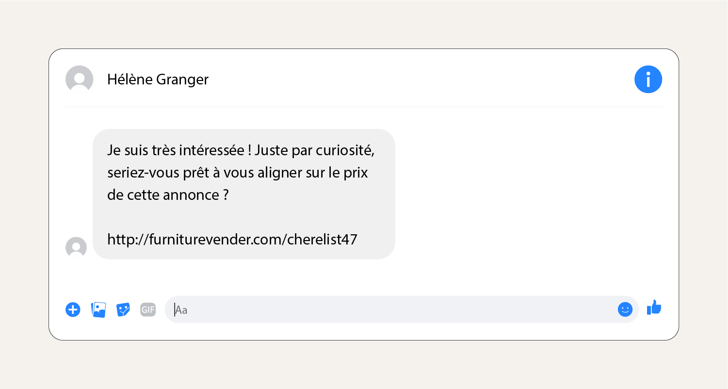 Capture d'écran montrant un message d'escroquerie par phishing sur Facebook Marketplace.