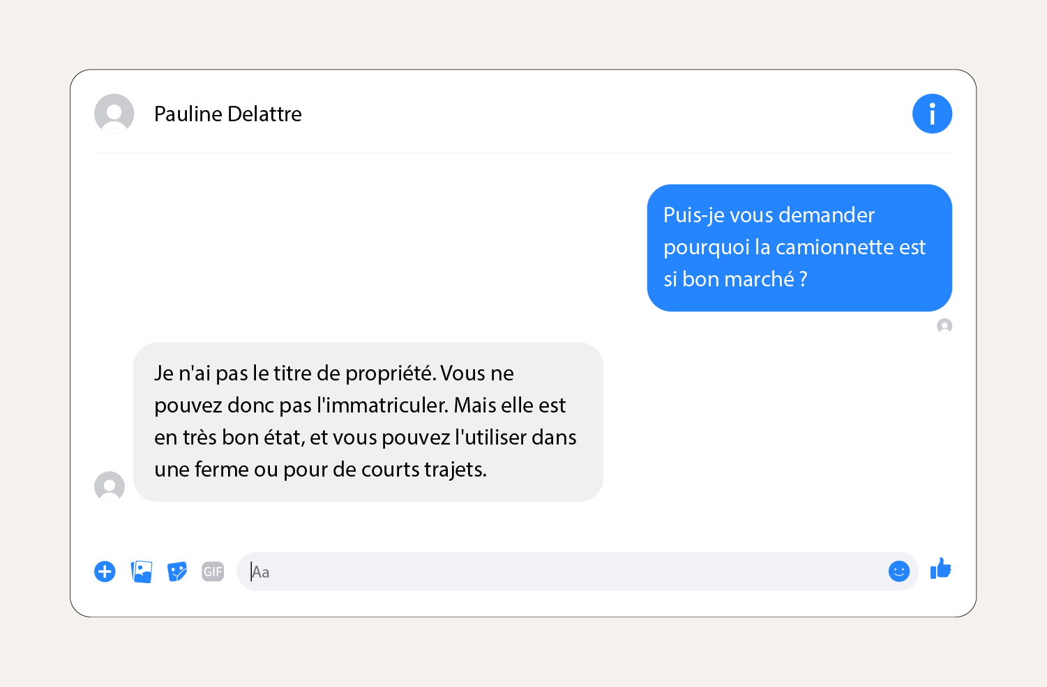 Capture d'écran montrant un message d'escroquerie aux véhicules sur Facebook Marketplace.