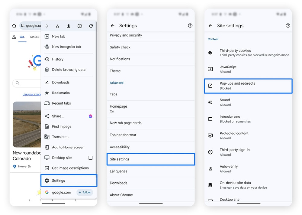Captures d'écran montrant comment bloquer les fenêtres contextuelles dans Google Chrome pour Android.